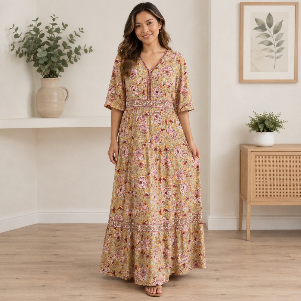 ba&sh Lady Dress Women 1 Yellow Floral V-Neck Short Sleeve Boho Maxi Cottagecore